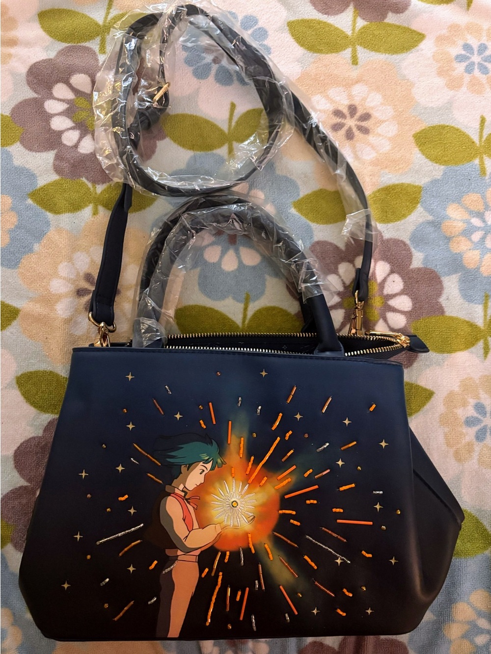 Navy Blue Crossbody Satchel with Animated Graphic